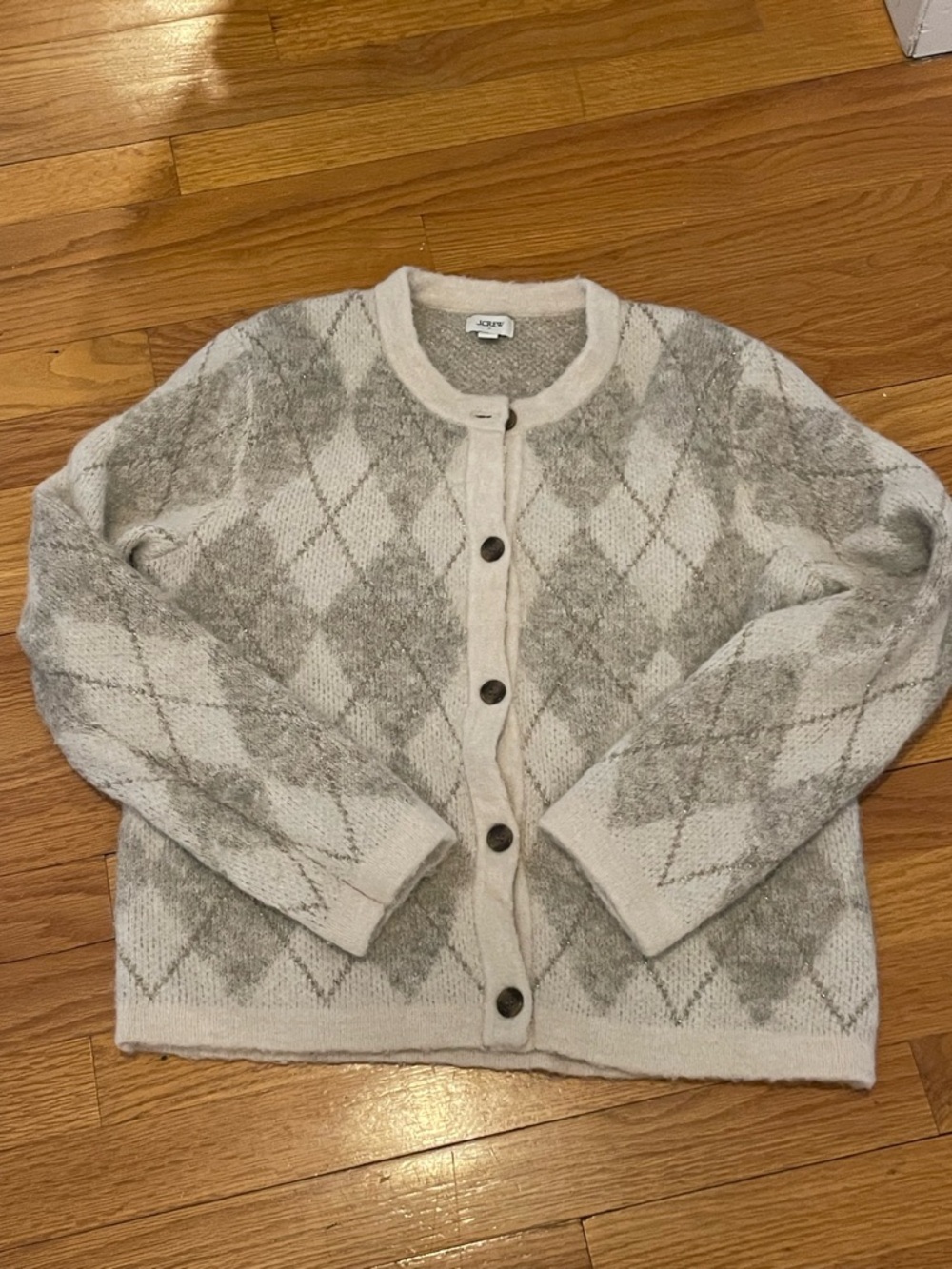 J. Crew Cream, Light Gray, and gold Argyle wool blend Cardigan